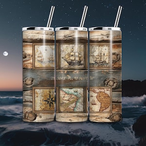 Wrap marin antique | Papier pour verre fin, 20 oz | Illustrations de navires antiques | Cadeau papa pêcheur | Sublimation | Conception maritime | PNG