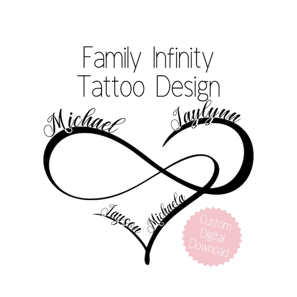 Conception personnalisée de tatouage de coeur d'infini de famille, avec des noms, un tatouage pour des femmes et des hommes, parfait pour jusqu'à 7 noms