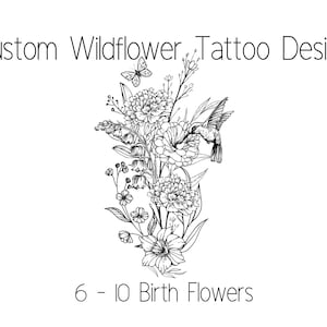 Custom Wildflower Birth Flower Tattoo Design, Birth Flower Bouquet, Family birth flower design, Line art tattoo, Minimalist design