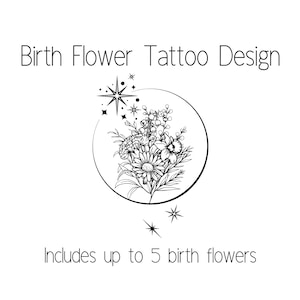 Birth flower tattoo design, includes moon and stars. For small or large placement.
