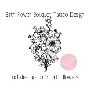 Family Birth Flower Bouquet Tattoo Design, created with your family&#39;s birth flowers, beautiful tattoo to recognize your family