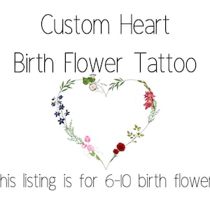 Custom Heart Birth Flower Tattoo Design, Color Birth Flower Tattoo, Family birth flower design, Line art tattoo, Minimalist design