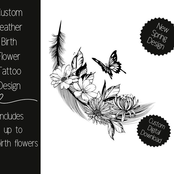 Feather Birth Flower Tattoo Design, beinhaltet bis zu 5 Geburtsblumen, tolles Fuß- oder Knöcheldesign