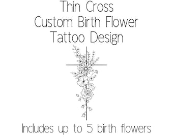 Thin cross birth flower tattoo design