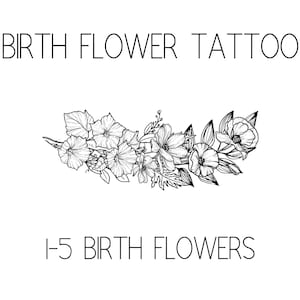 Geburts-Blumen-Tätowier-Design, kann als Unterbrust-Tattoo, Seitenstück, Armband, Wickel, Bikini-Linie-Tattoo, Wadenwickel, Halsstück und mehr verwendet werden