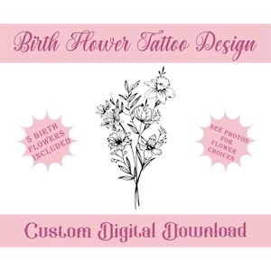 Benutzerdefinierte Geburtsblume Tattoo Design. Dieses Tattoo Design enthält 5 Geburtsblumen deiner Wahl. Tolles erstes Tattoo.