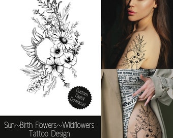 Conception de tatouage personnalisé fleurs-fleurs sauvages. Superbe tatouage sur la hanche ou la cuisse.