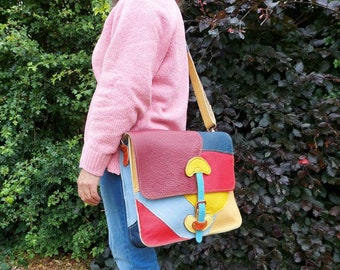 Patchwork leather messenger bag. Multi coloured crossbody bag. Large Shoulder bag. Laptop bag