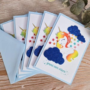 5er Set Einladungskarten...3D Einhorn Karte zum Gerburtstag, mit Regenbogen, Sternen und viel Glitzer, auch als Grußkarte nutzbar