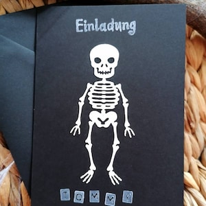 Einladungskarte glow in the dark, Einladung zur Geisterparty, Halloween Einladung, Kindergeburtstag, Grusel Skelett, personalisiert