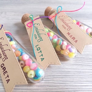 Invitation with a difference...children's birthday invitation test tube stamped in any color of your choice, with colorful beads, personalized