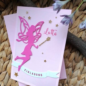 Children's birthday invitation card fairy/elf, pink folding card with envelope, personalized, handmade
