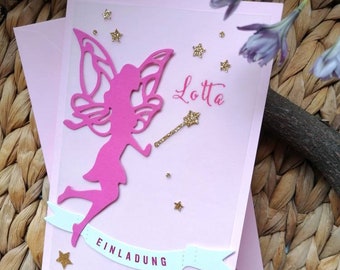Kindergeburtstag Einladungskarte Fee/ Elfe, Rosa Klappkarte mit Umschlag, personalisiert, handgefertigt
