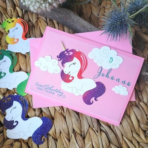 Geburtstagskarte, Glückwunschkarte zum Geburtstag Einhorn, handgefertigt, personalisiert für Kinder