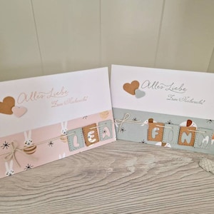 Zuckersüße personalisierte Klappkarte zur Geburt für Mädchen und Jungen...handgefertigte Geburtskarte in zwei Farben und Motiven