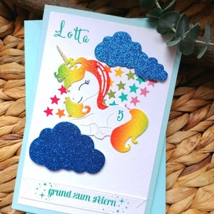 Wunderschöne 3D Einhorn Karte zum Gerburtstag, mit Regenbogen, Sternen und viel Glitzer, personalisiert
