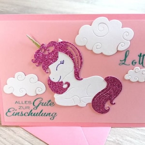 Karte zur Einschulung 2025, Schulkind, Einhorn, personalisiert als Gratulations- oder Einladungskarte mit Wunschstempel