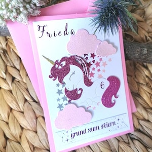 Wunderschöne 3D Einhorn Karte zum Gerburtstag, mit Regenbogen, Sternen und viel Glitzer, personalisiert