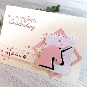Karte zur Einschulung 2025, Schulkind, Einhorn, personalisiert als Gratulations- oder Einladungskarte mit Wunschstempel