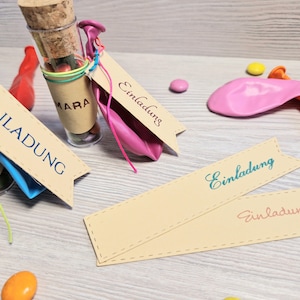 Invitation with a difference...children's birthday invitation test tube stamped in any color of your choice, with colorful chocolate lenses, personalized
