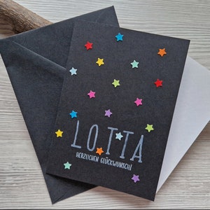 Geburtstagskarte, Glückwunschkarte zum Geburtstag bunt, handgefertigt, personalisiert mit Name,in 3Varianten mit Alter, Herzchen und Sternen