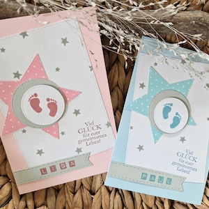 Wunderschöne Karte zur Geburt- Sterne- Junge und Mädchen, blau/rosa, Klappkarte personalisiert