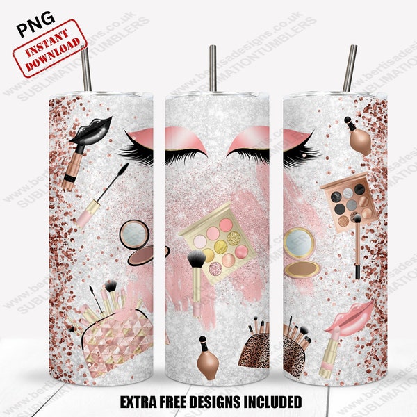 Make Up, Cosmetics 20oz Skinny Tumbler Wrap, Straight Tumbler, Sublimation Design, Digital Download, Tumbler Wrap PNG