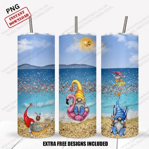 Summer Beach Gnomes 20oz Skinny Tumbler Wrap, Vaso recto, Diseño de sublimación, Descarga digital, Tumbler Wrap PNG