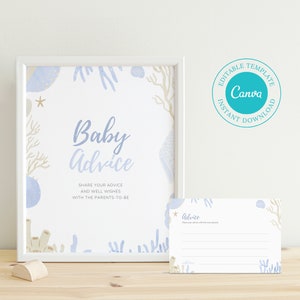 Bearbeitbares Meerespflanzen-Babypartyschild, druckbare Aquarium-Beratungskarte für neue Eltern, Maine-Lebensthema Babypartyspiel, Himmelblaues Zeichen BS101