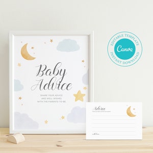 Maan & ster advies teken en kaart, bewerkbare advies kaartsjabloon, advies voor ouders, baby shower spel, cloud baby shower afdrukbaar, BS102