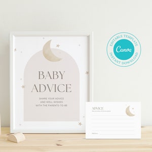 Bearbeitbare Mond Ratschläge und Wünsche Zeichen und Kartenvorlage, druckbare Boho Mond Themed Ratschläge für werdende Eltern, Neutral Star Advice Note, BS113
