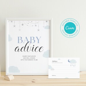 Bearbeitbares Wolken- und Silber-Beratungsschild-SET, Blauer Mond-Beratungskartenvorlagen, Mond und Wolken-Babypartyspiel, Baby- und Mutterparty, BS122
