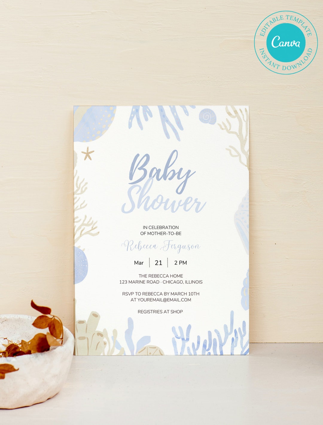 Ocean & Coral Baby Shower Invitation, Under the Sea Baby Shower