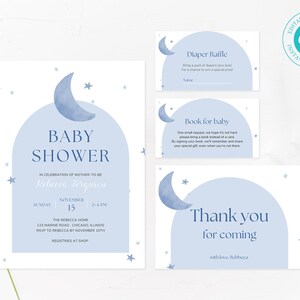 Bewerkbare maan baby shower uitnodiging sjabloonbundel, boekkaart, luierloterij, uitnodigingsset, afdrukbare uitnodiging, aquarel blauwe maan BS113