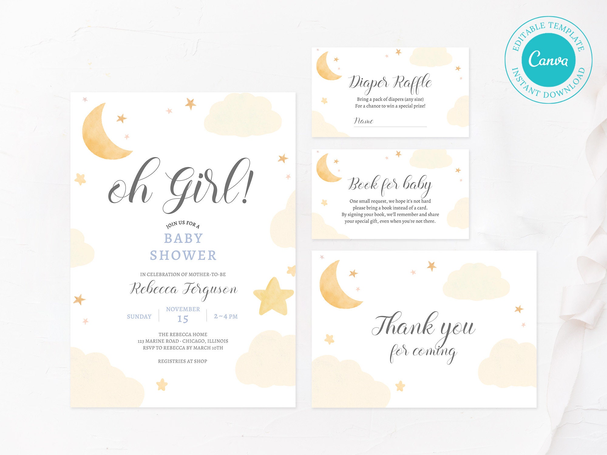 Moon Star Baby Shower Invitation Template Bundle Edit Yourself Online Book Card Diaper Raffle Invitation SET Printable Invite