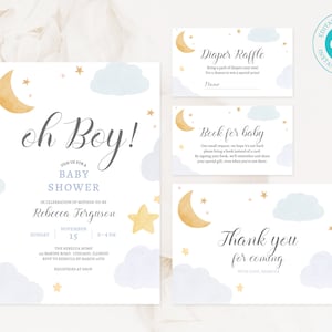 Moon & Star Baby Shower Invitation Template Bundle, Edit Yourself Online, Book Card, Diaper Raffle, Invitation SET, Printable Invite, BS102