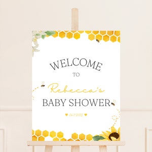 Signo de bienvenida del baby shower de abeja de miel, cartel de bienvenida del panal, decoración del baby shower de color amarillo neutro, signo de bienvenida de la colmena, signo editable, BS105