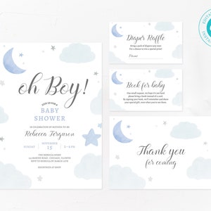 Blue Moon & Star Baby Shower Invitation Template Bundle, Edit Yourself Online, Book Card, Diaper Raffle, Invitation SET, Printable, BS102B
