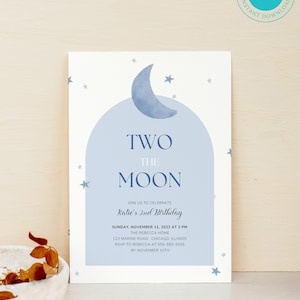 Two the Moon Birthday Invitation, Blue Moon Second Birthday Editable Invitation Outer Space Boys 2nd Birthday Party Instant Download, BD113