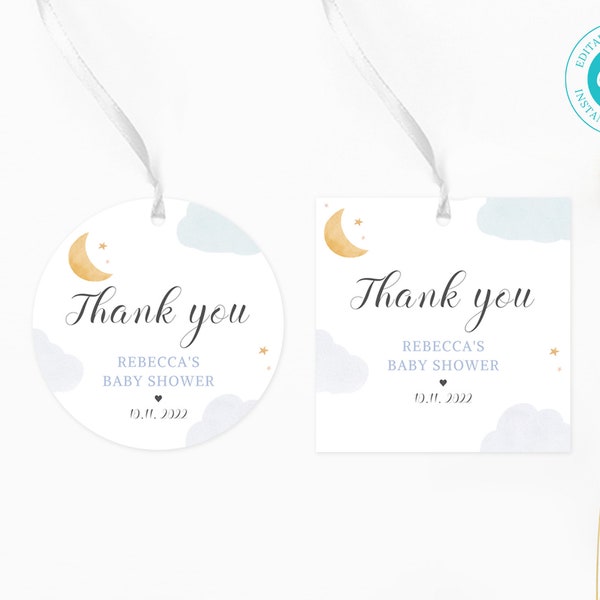 Editable Moon & Star Baby Shower Favor Tags Template, Baby Shower Round Favor Tag, Printable Square Tag Star And Cloud, Cute Gift Tag, BS102
