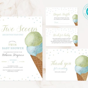 SET di modelli di invito per baby shower gelato, invito per gemelli, biglietto libro, invito per doccia gemelli ragazzo e ragazza, invito stampabile, BS103
