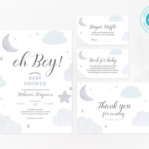 Zilveren maan & ster baby shower uitnodiging sjabloonbundel, bewerk jezelf online, boekkaart, luierloterij, afdrukbare uitnodiging SET, BS102