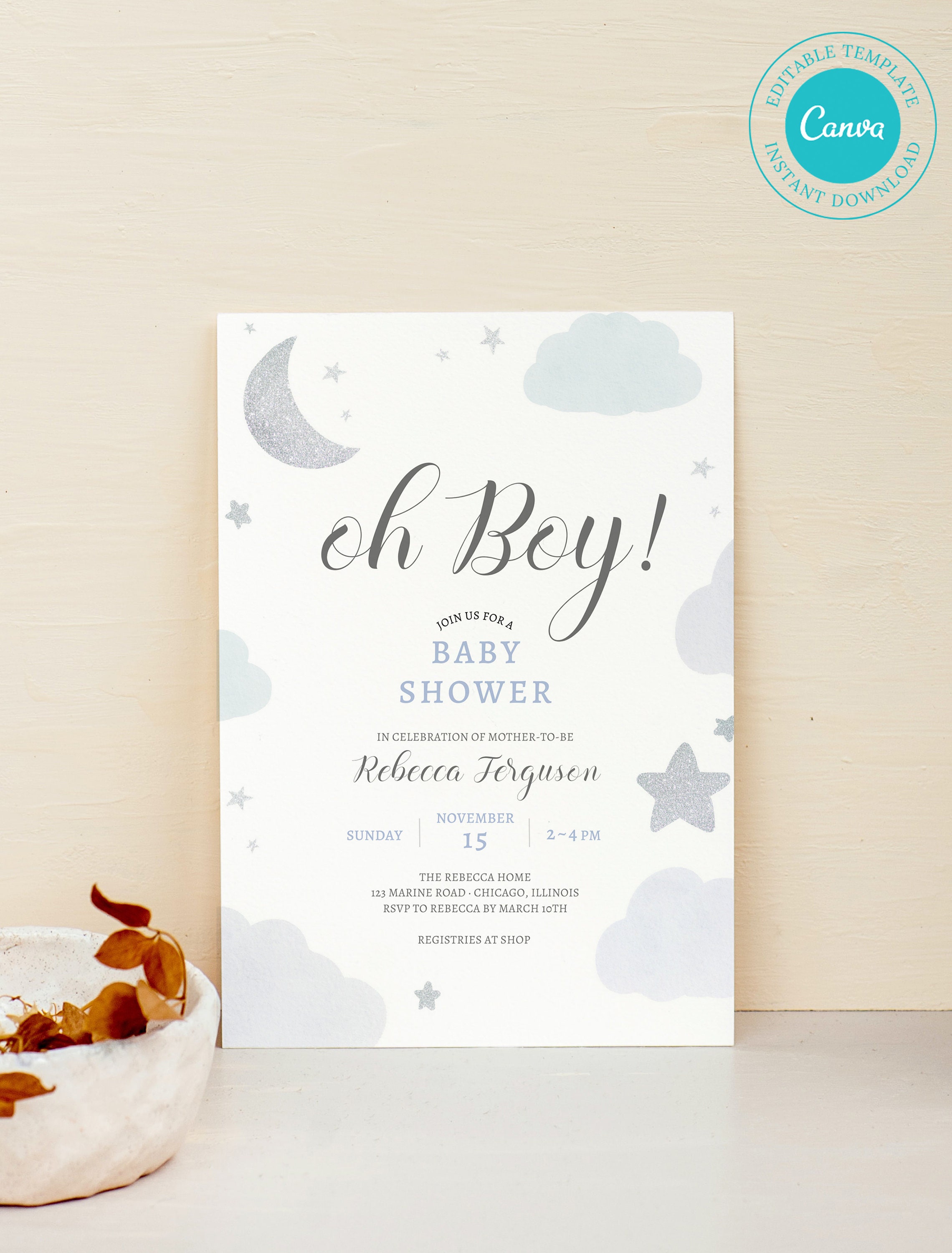 Silver Moon Star Baby Shower Invitation Template Edit Yourself Online Printable Invitation Cloud and Star Printable Invite