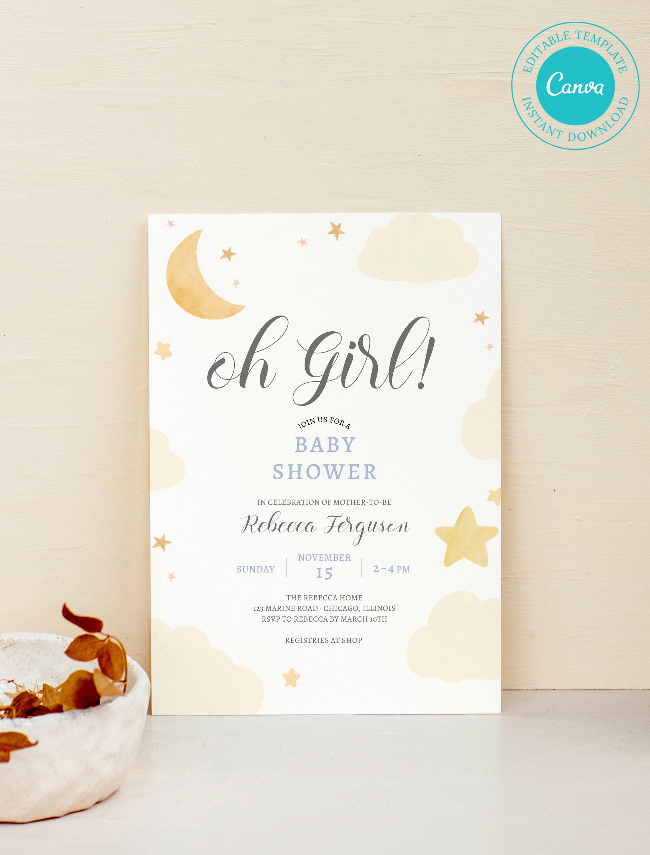 Moon Star Baby Shower Invitation Template Edit Yourself Online Printable Invitation Cloud and Star Printable Invite Neutral