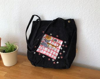 Hand embroidered corduroy tote bag, me and my dog embroidery, black tote bag.