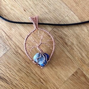 Pendant necklace from copper wire and natural stone, tree of life pendant