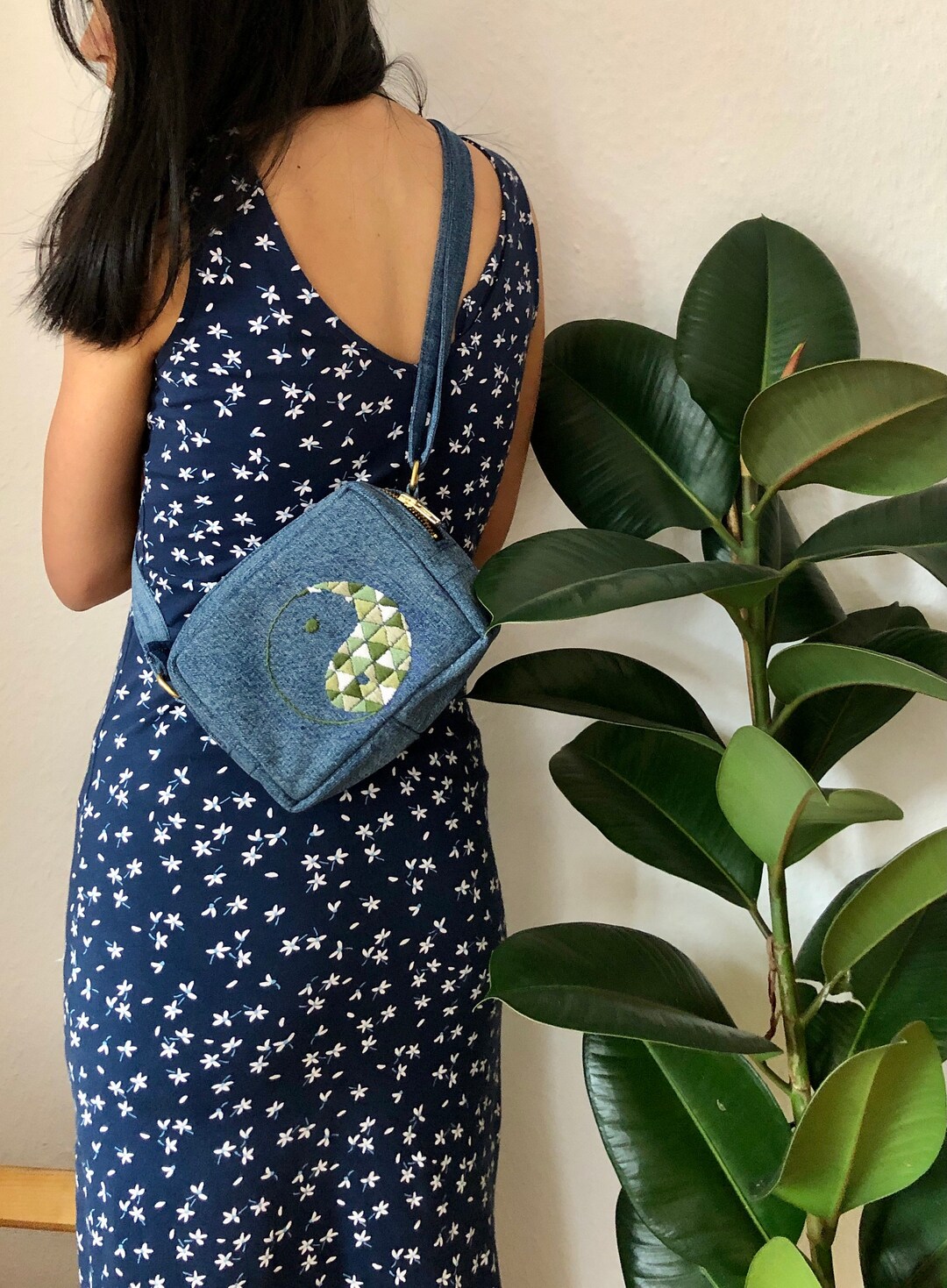 Upcycled Jean Small Crossbody Bag. Yin and Yang Hand Embroidered Denim