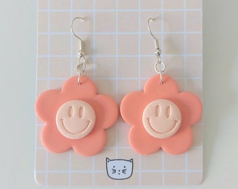 Smiley Face Retro Flower Earrings, Orange and Peach 90's Earrings