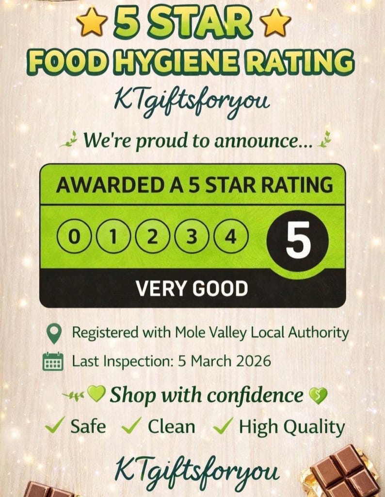 May include: A digital graphic displaying a 5 Star Food Hygiene Rating for KTgiftsforyou. The design features a green banner with the text AWARDED A 5 STAR RATING, a large number 5, and the words VERY GOOD. It includes inspection details and text.