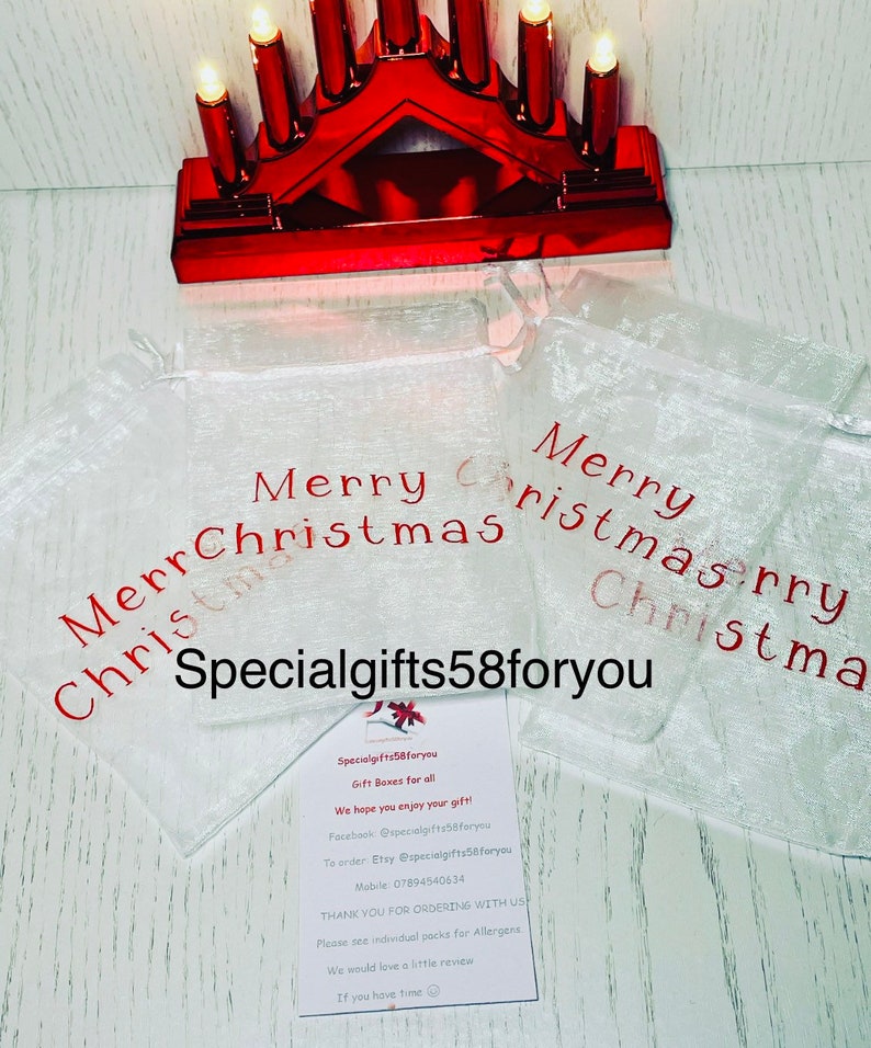 Merry Christmas Organza Bags, Hand Made, White Gift Bags, Personalised